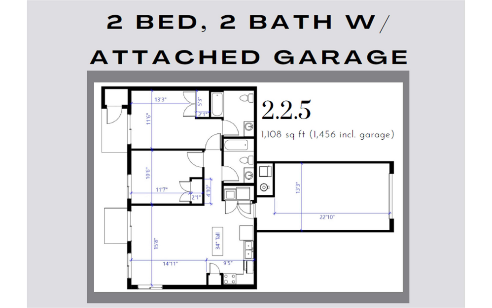 2.2.5 - 2 bedroom floorplan layout with 2 bathrooms and 1108 square feet
